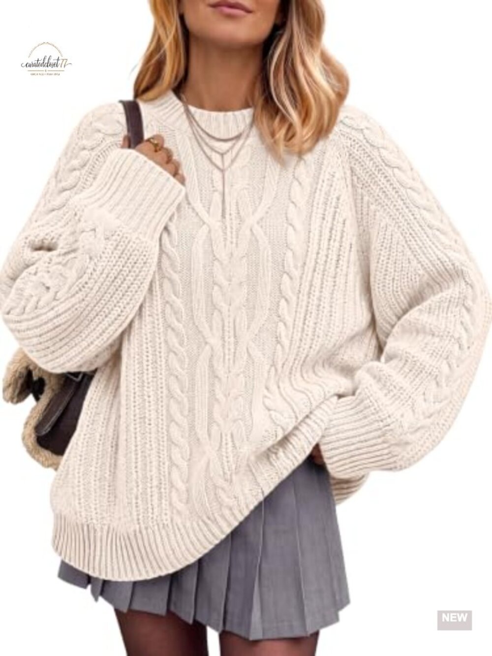 Women's Oversized Cable Knit Crewneck Cotton Blend Pullover Sweater